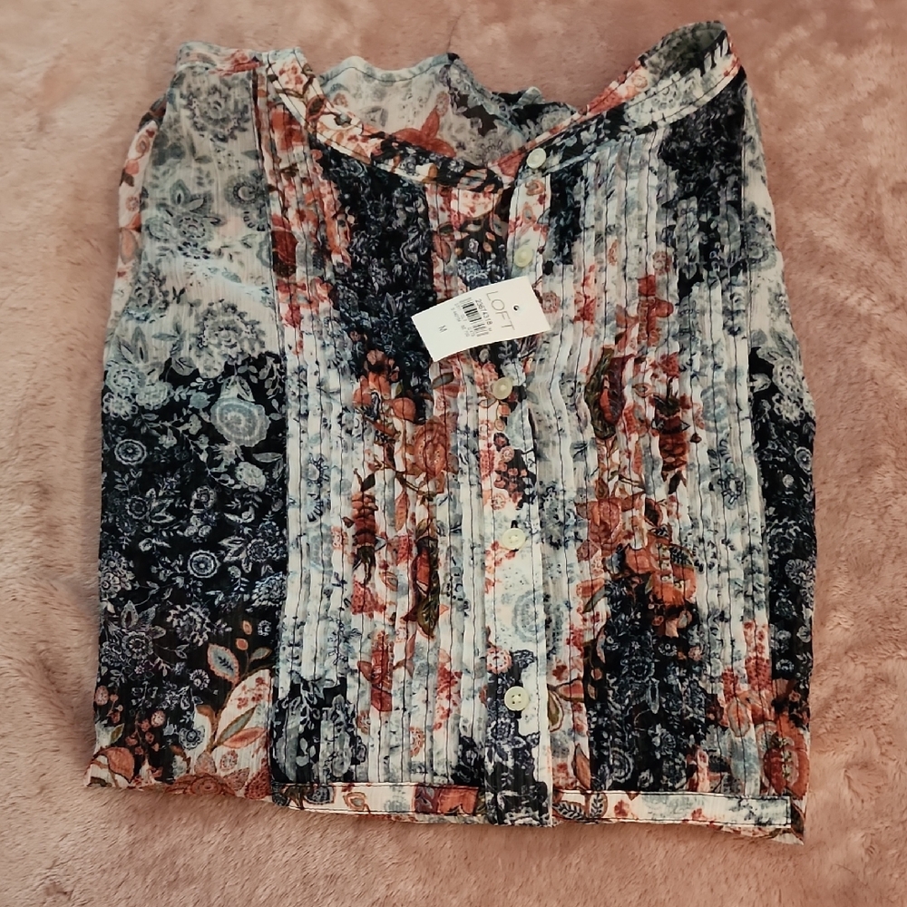 LOFT Floral Blouse - Navy and Coral
